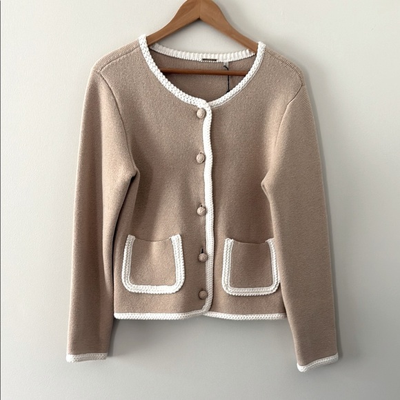 Elie Tahari Lady Sweater Cardigan Wool Tan Cotton Blend Cream Knit Trim Size M - Picture 1 of 9